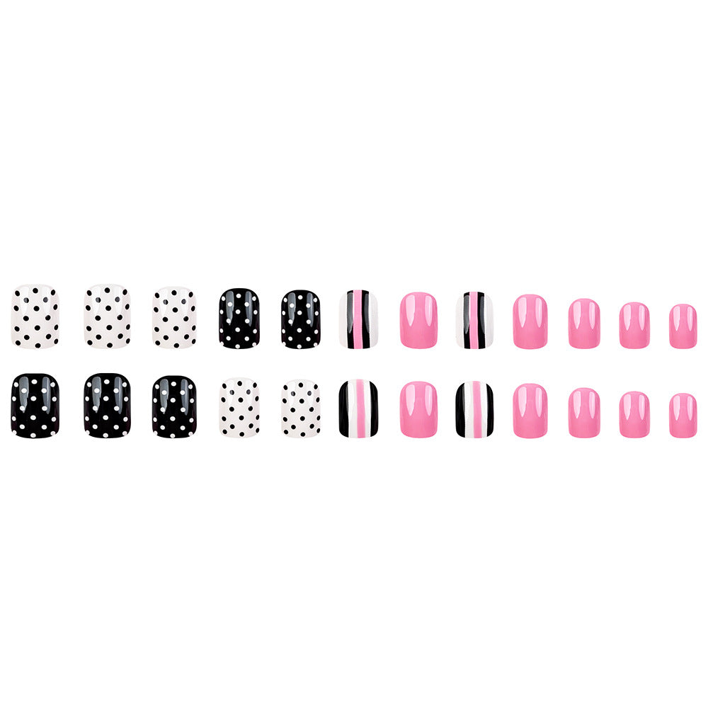 24 Pcs Pink Short Square Nail Stickers with Black Dots & Stripes Nail Art Kit
