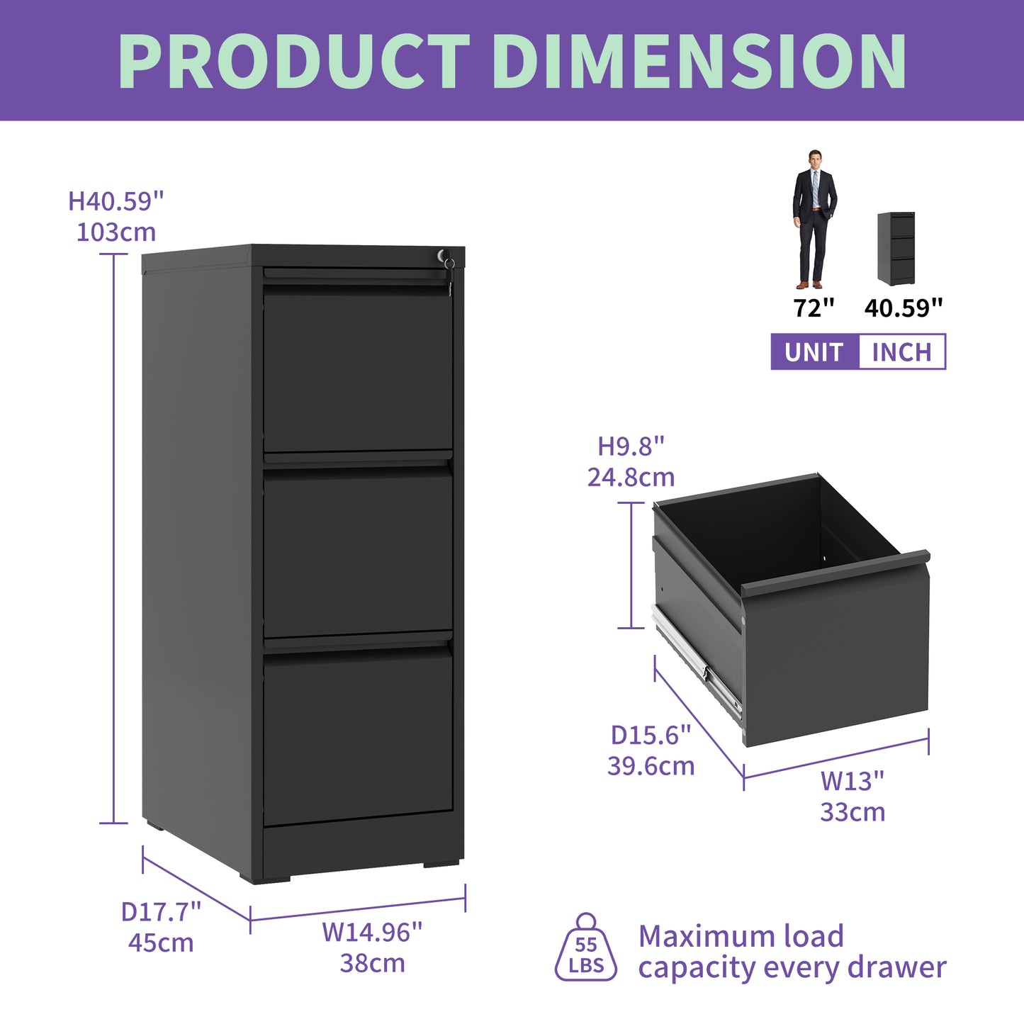 3-Drawer Metal Vertical File Cabinet with Lock - Black