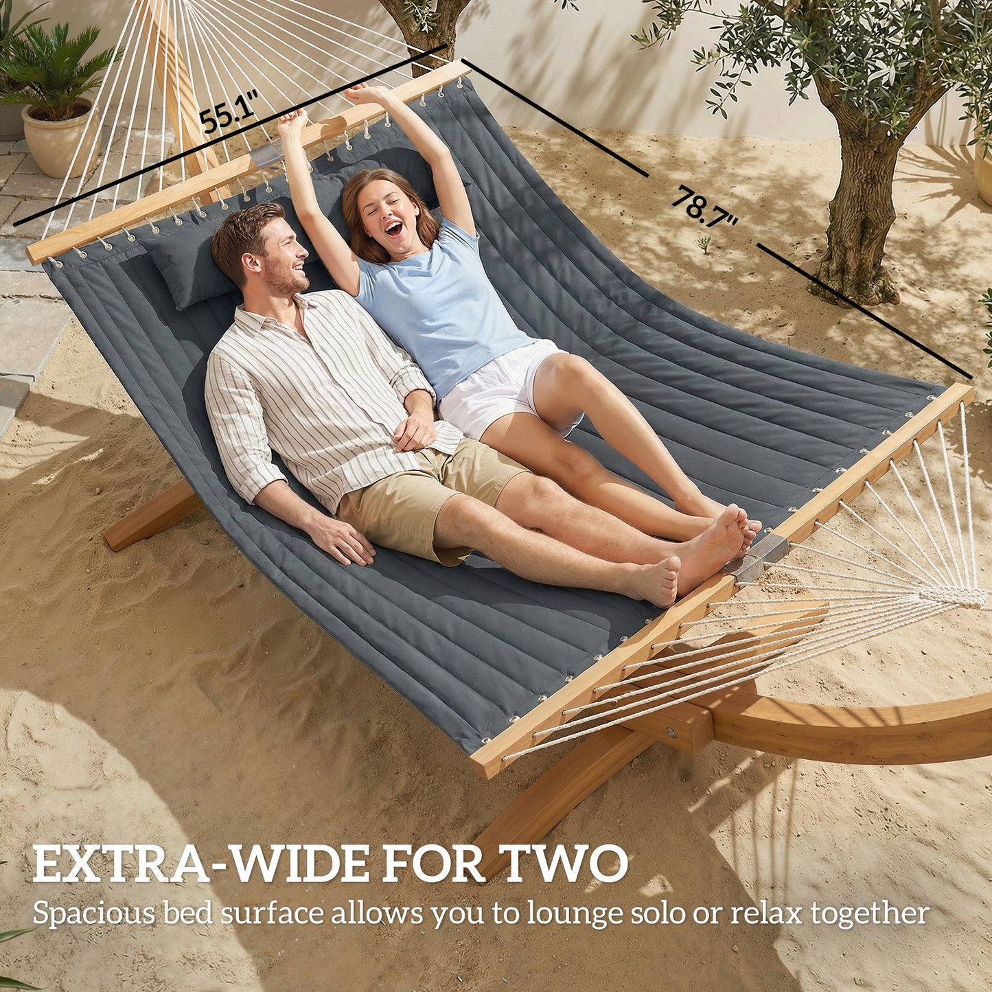Double Hammock for 2 with Pillow & Pad - 440 lbs Capacity, Gray