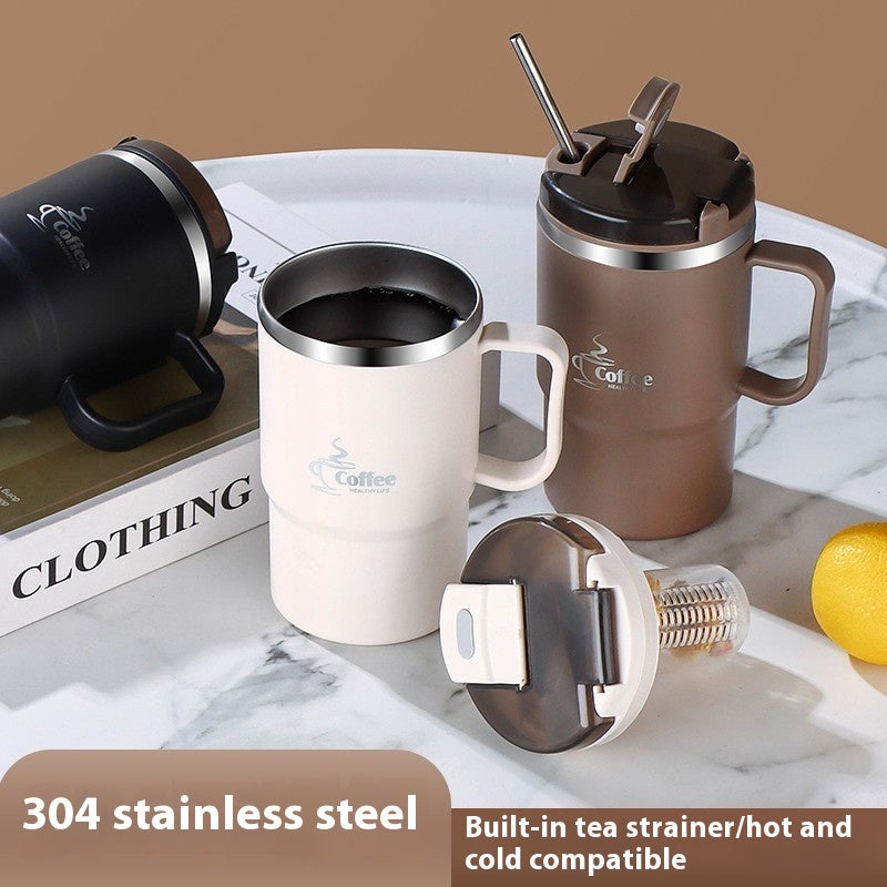 Stainless Steel Mug Cup with Cover and Folding Spoon - Ins Style