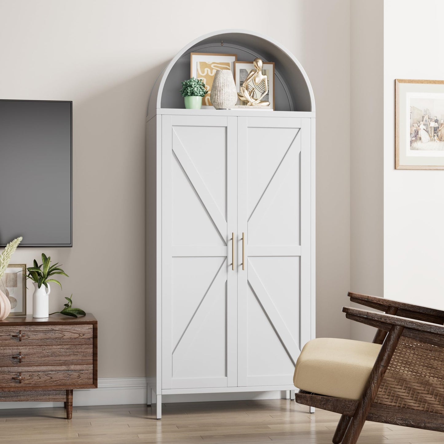 Arched Metal Pantry Storage Cabinet with 6 Adjustable Shelves - White