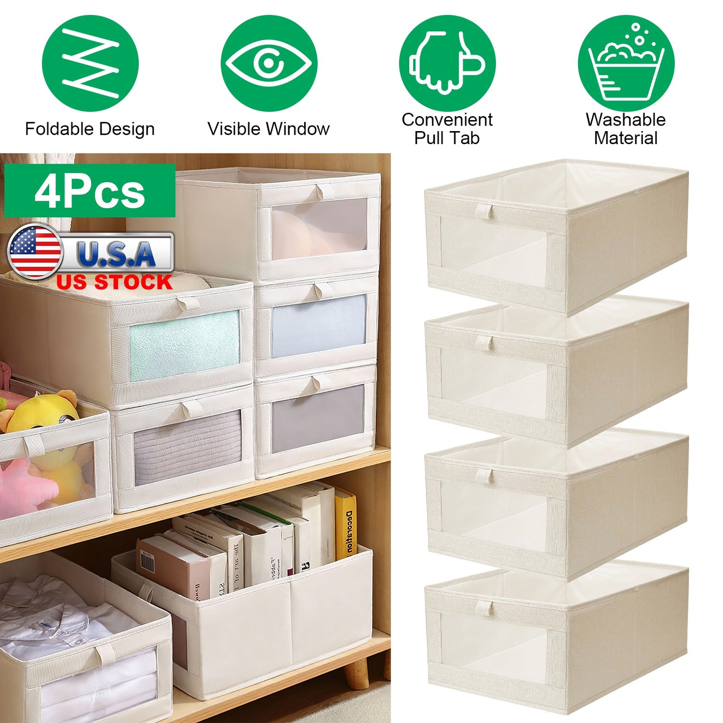 4Pcs Foldable Linen Clothing Storage Bin With Visible Clear Window