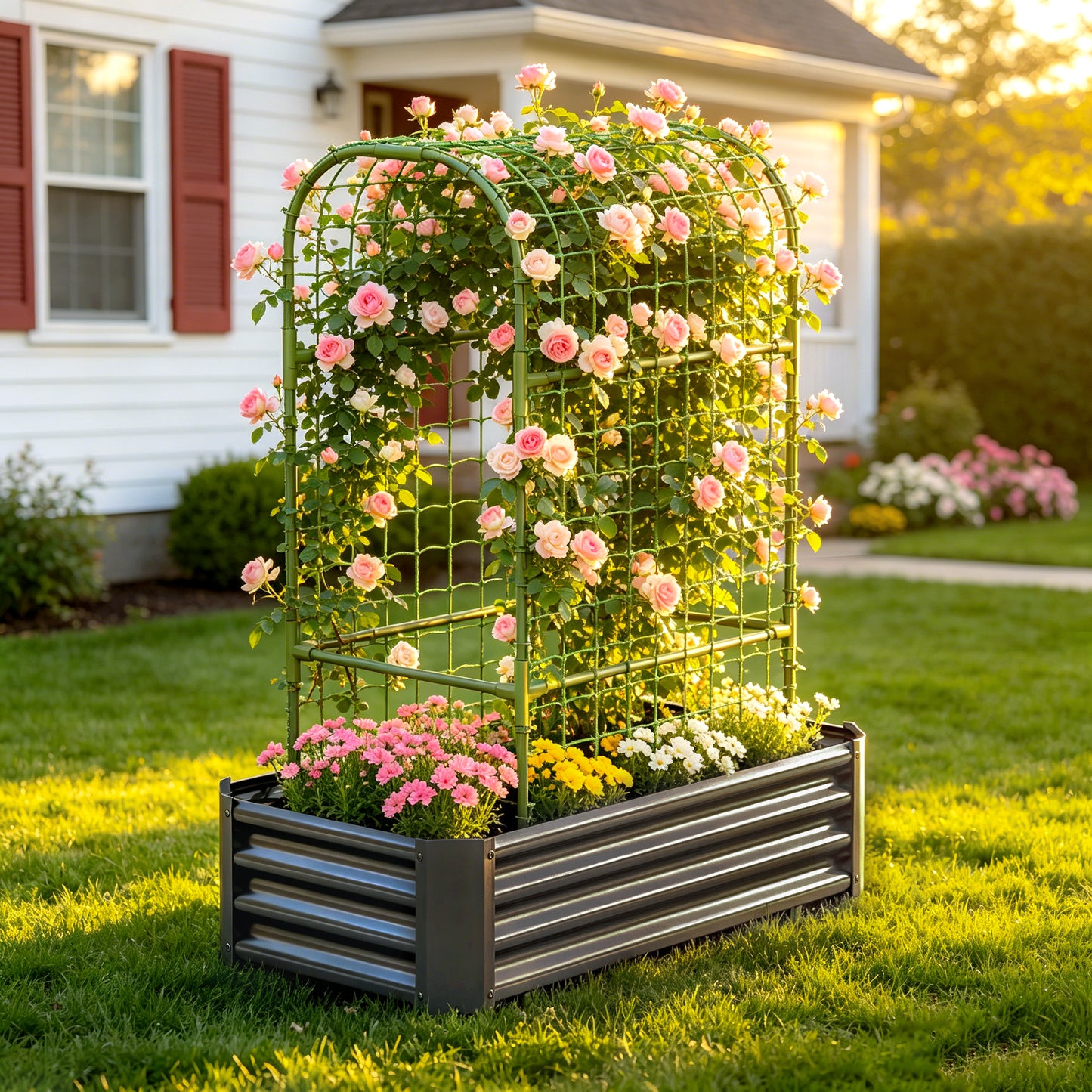 2-in-1 Raised Garden Bed with Trellis - 59" Metal Planter Box