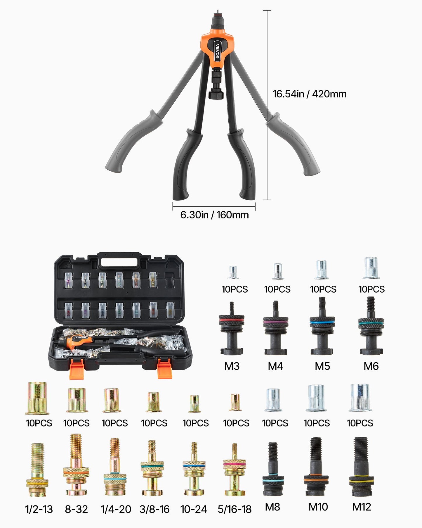17-Inch Rivet Nut Tool Kit with 13 Mandrels and 130 Nuts for Metal Fastening