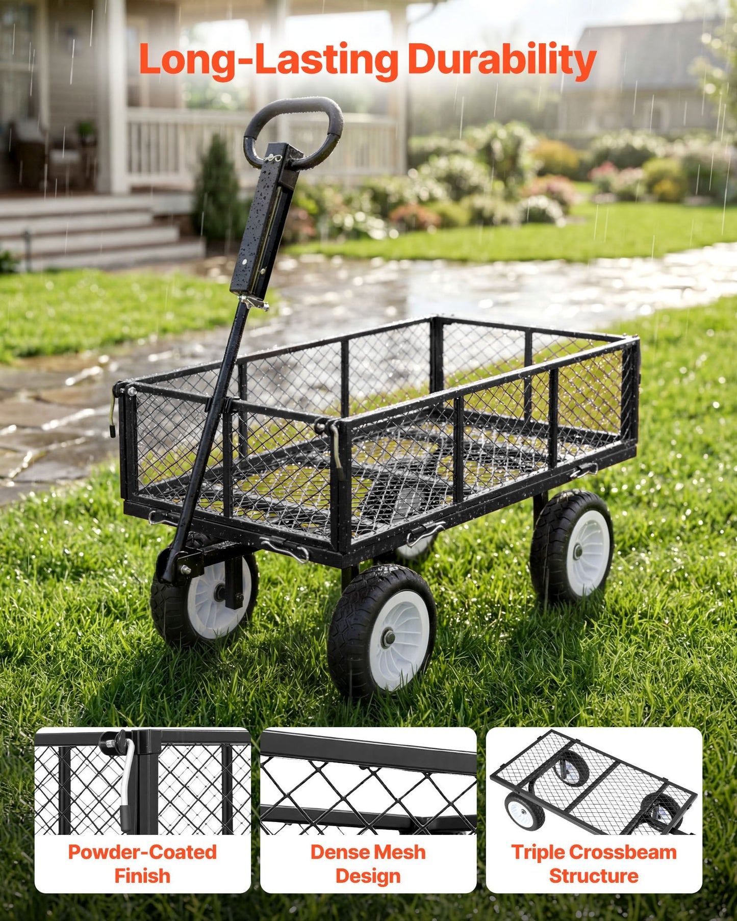 Heavy Duty Garden Cart with Detachable Side Panels and 10-Inch Tires - Black