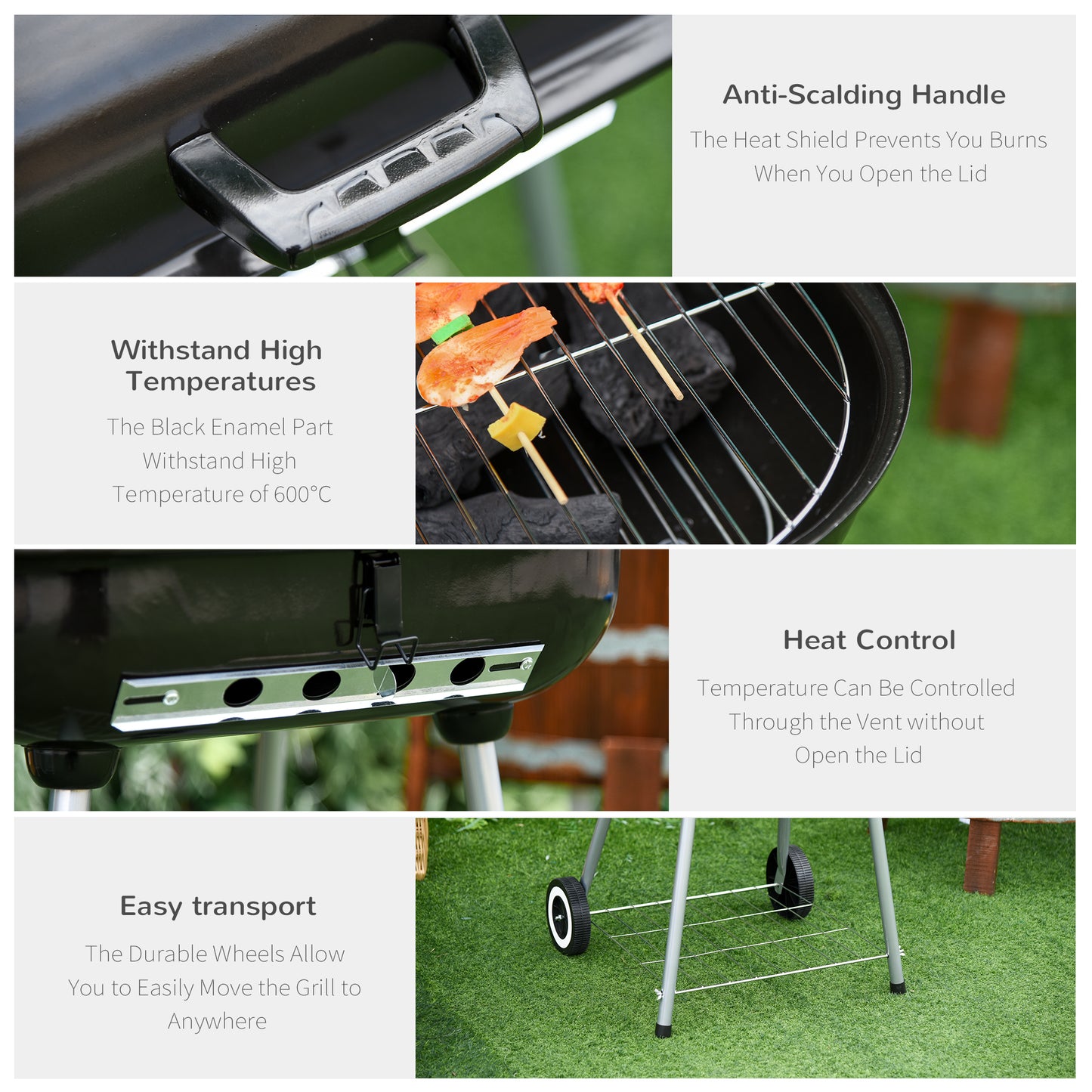 22" Charcoal Barbecue Grill with Side Tray & Portable Wheels