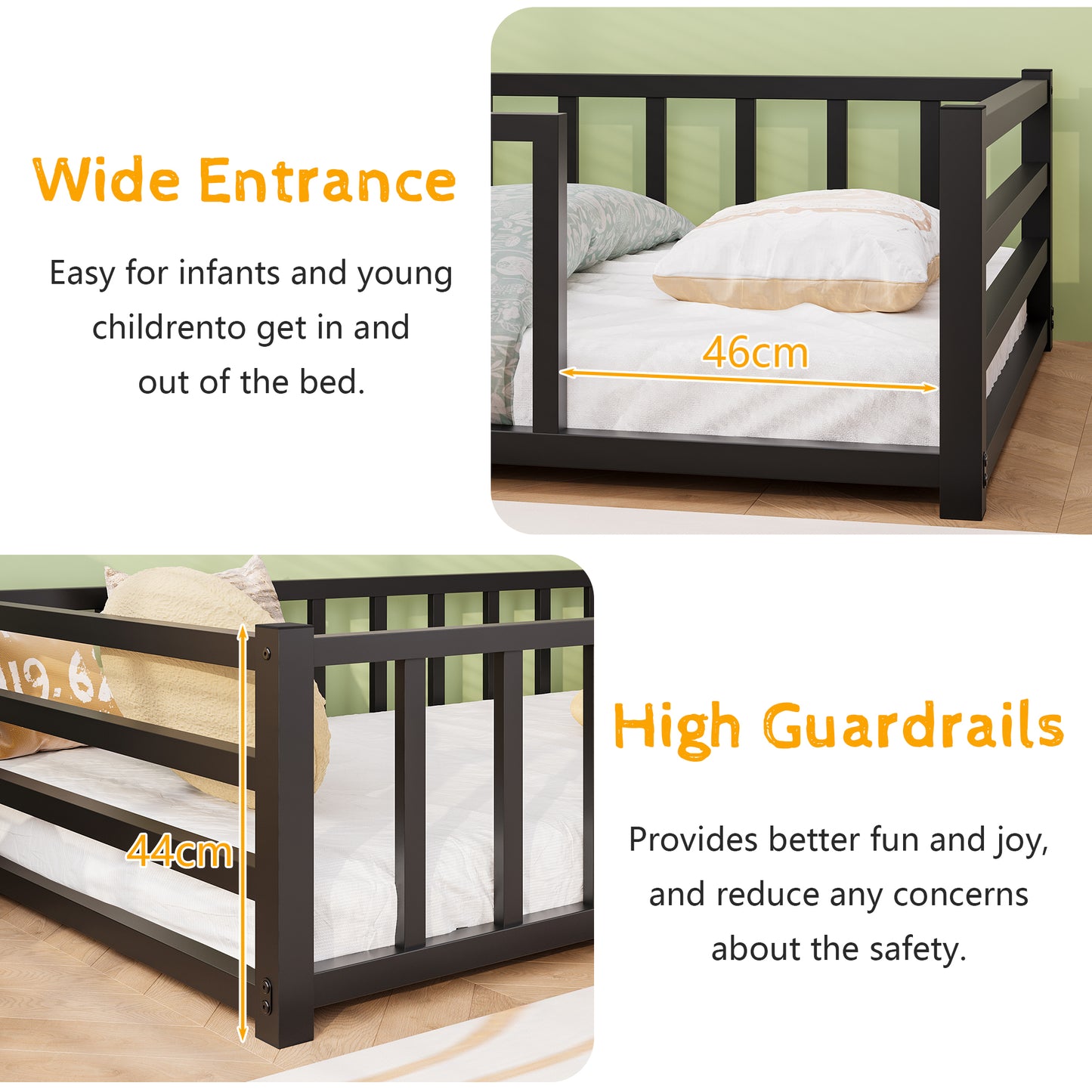 Twin Size Metal Platform Bed Frame with Guardrails - Black
