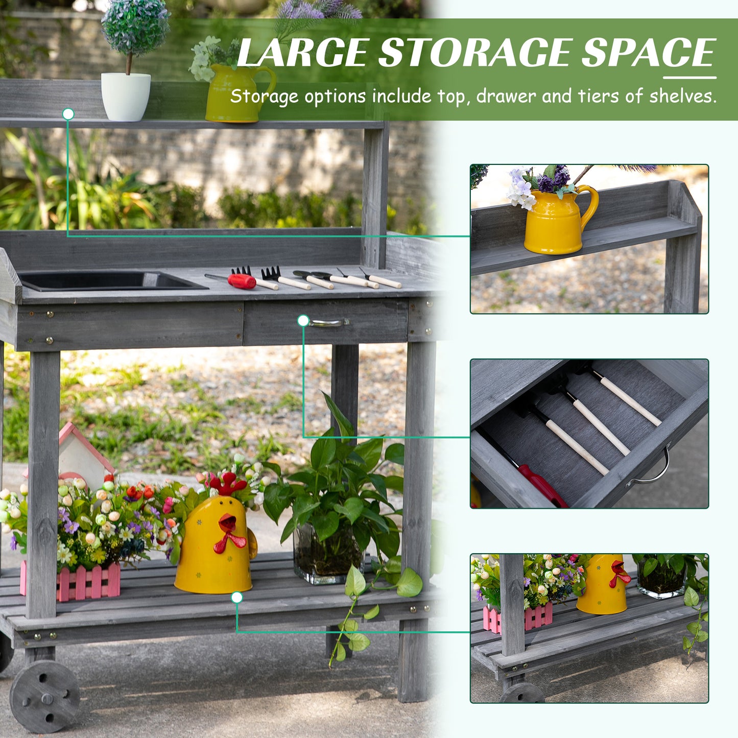 Wooden Potting Bench with Sink, Wheels, Drawer & Storage - Gray Garden Work Table