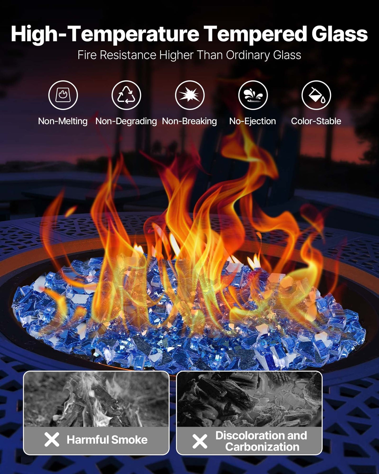10 lbs Cobalt Blue Fire Glass Rocks for Fire Pit Tables - Tempered & Reflective