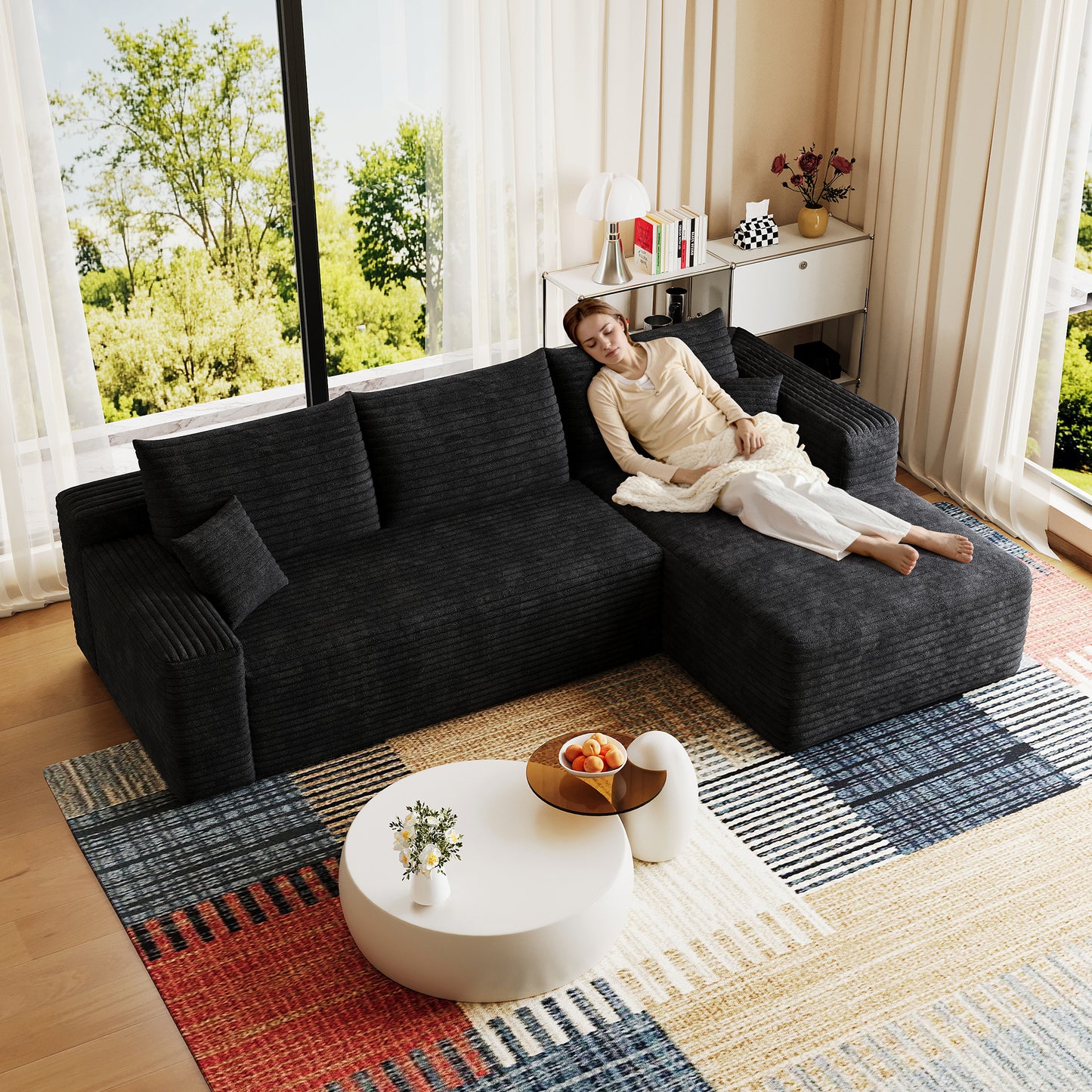 95" Cloud Sectional Sofa - Modern U-Shaped Couch in Black