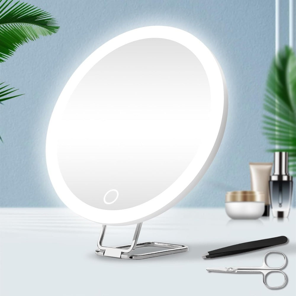LED Makeup Mirror with Light Stand and Rotating Frame - Multiple Magnifications