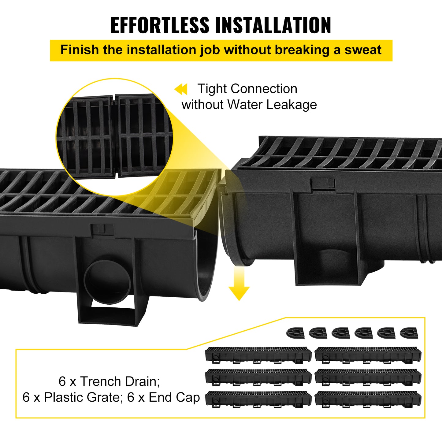 Garden Trench Drain System with Plastic Grate 6 Pack - Black 5.9x5.1 Inch HDPE Drainage Channel for Driveway & Garden