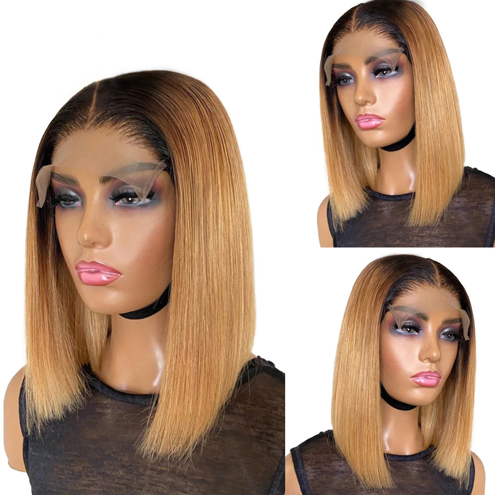 12 Inch Short Gradient Honey Blonde Human Hair Wig - Pre-Colored Lace Bob