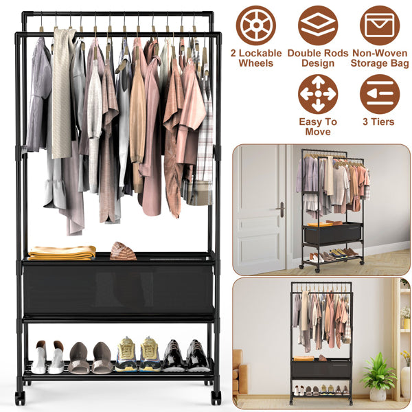 3 Tiered Portable Clothing Rack For Bedroom Entryway Double Hanging