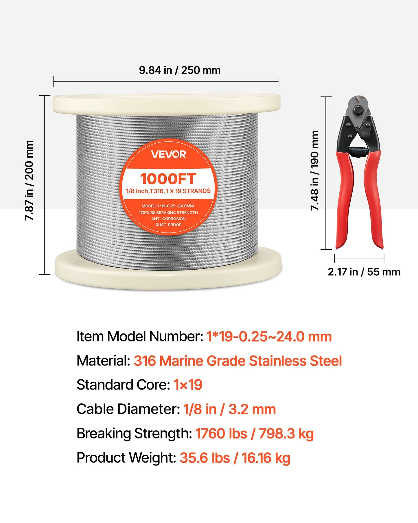 1/8 Inch Stainless Steel Wire Rope 1000 Ft for Garden Fences & Railing - Black