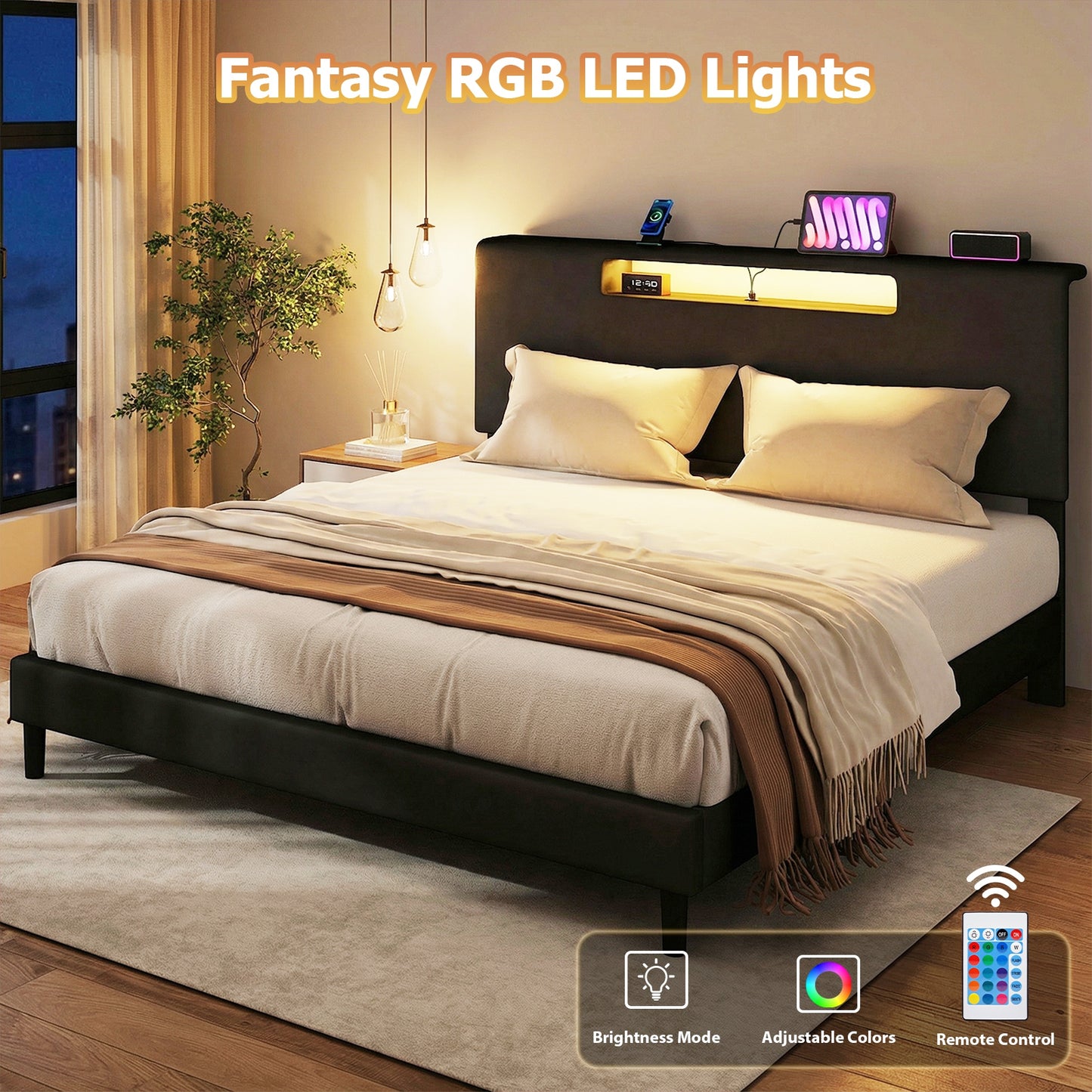 King Size Bed Frame With Charging Station And Adjustable LED Light