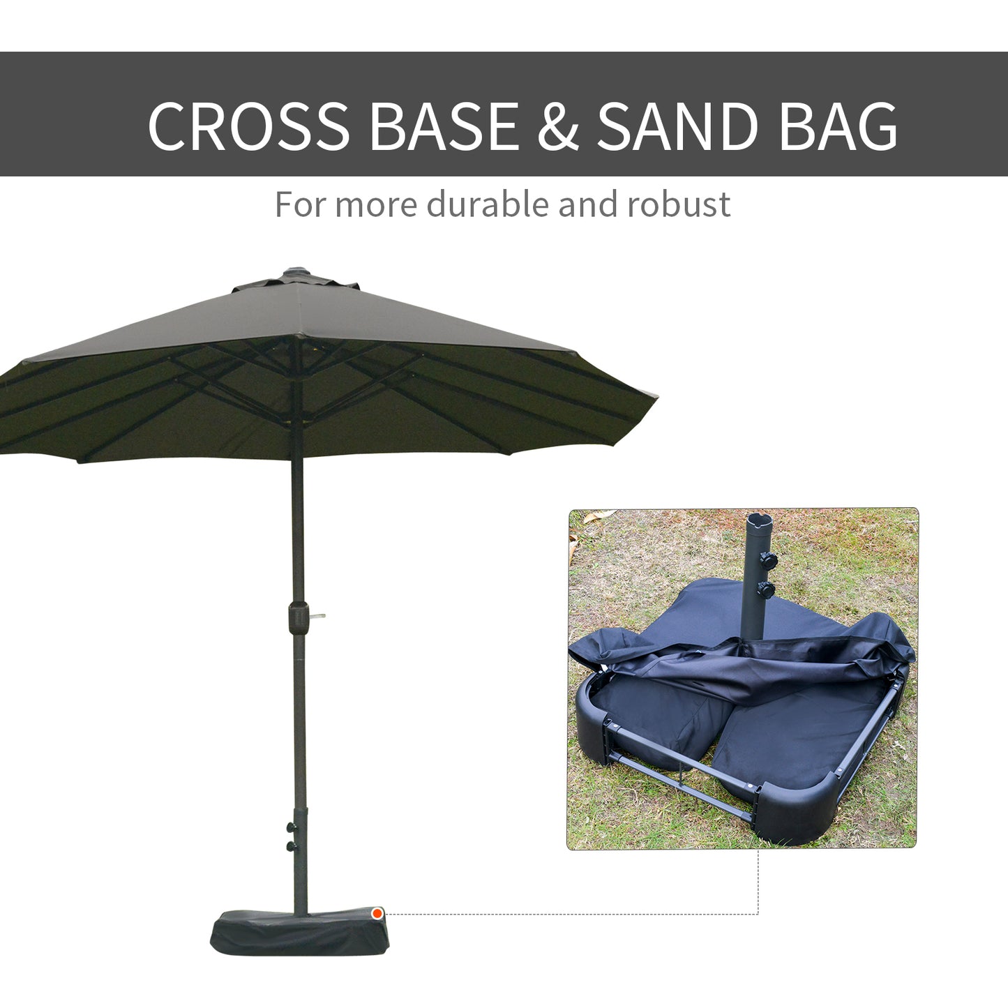 15' Double-Sided Patio Umbrella with Steel Base & UV Protection - Dark Gray