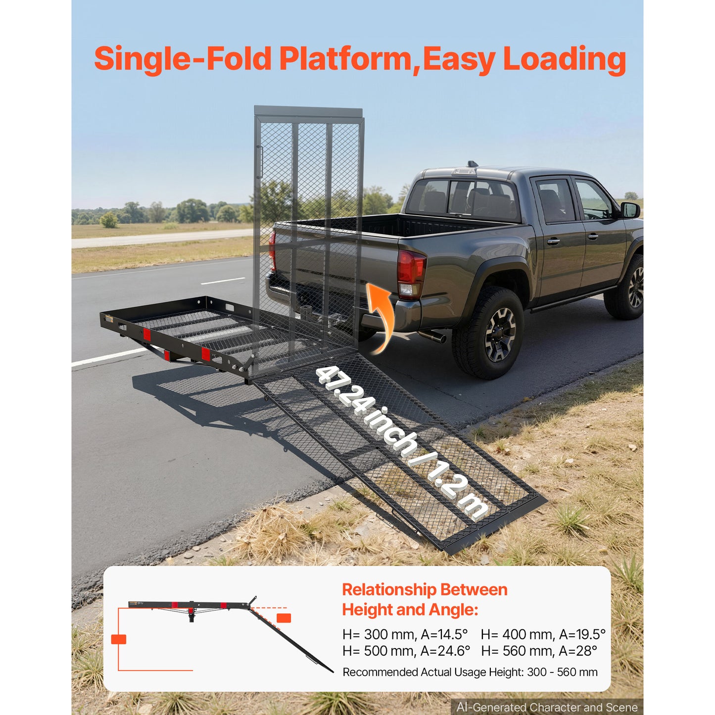 Hitch Mount Wheelchair Carrier with Folding Ramp - 500LBS Steel Cargo Basket for 2-Inch Hitch, Adjustable Height