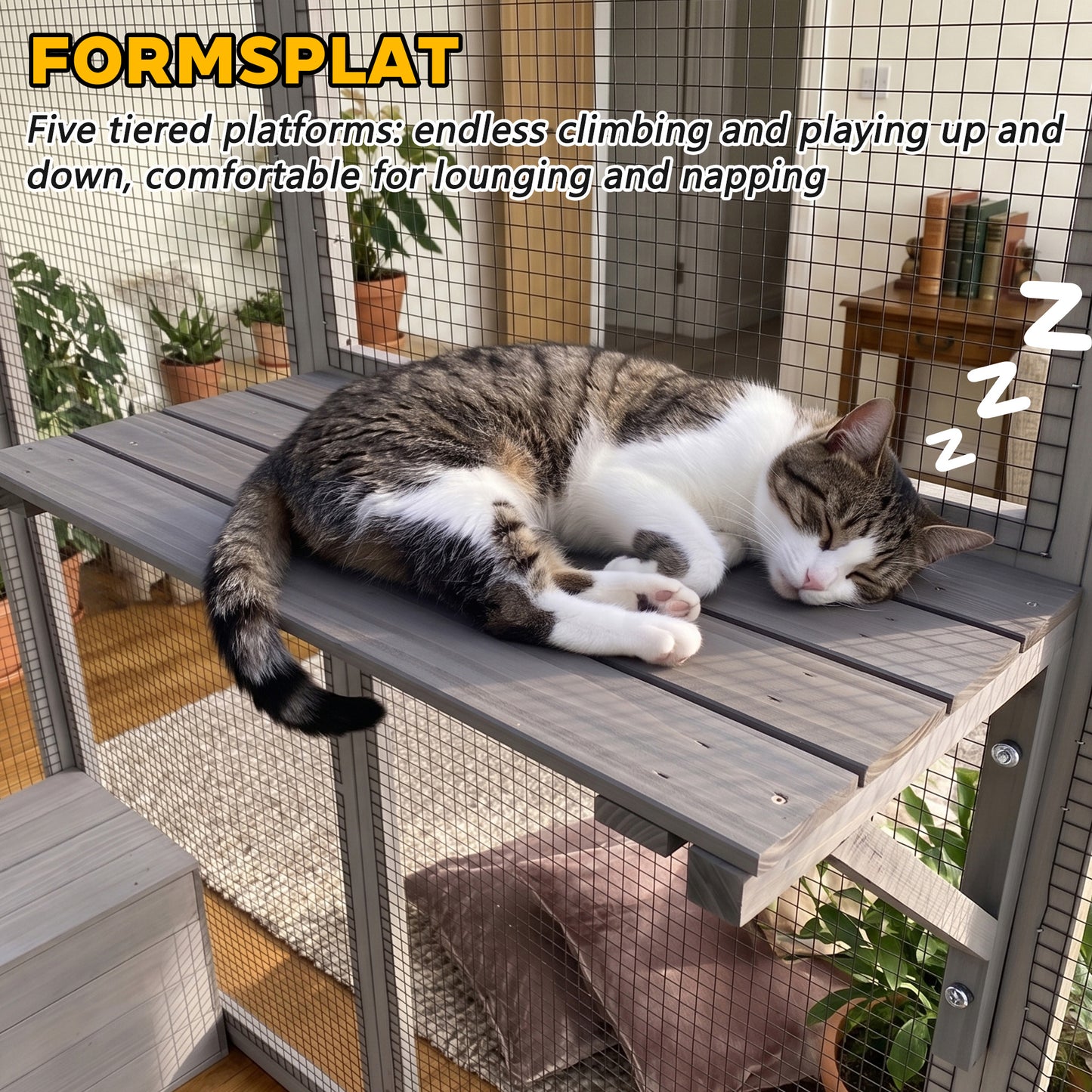 Gray Wooden Cat Enclosure with Waterproof Top, 2 Napping Boxes, Spacious & Secure