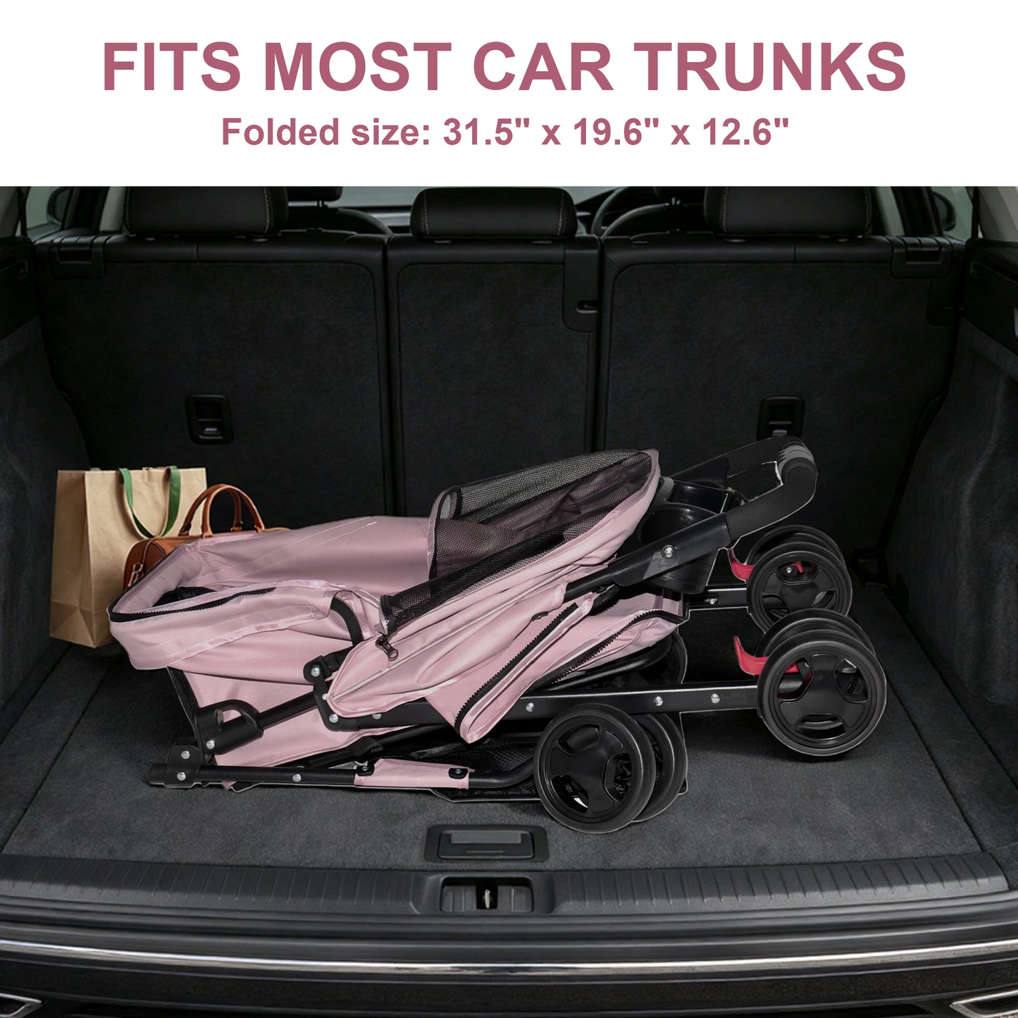 Foldable Pet Stroller for Small Dogs Cats Up to 28 lbs with Mesh & Storage - Pink