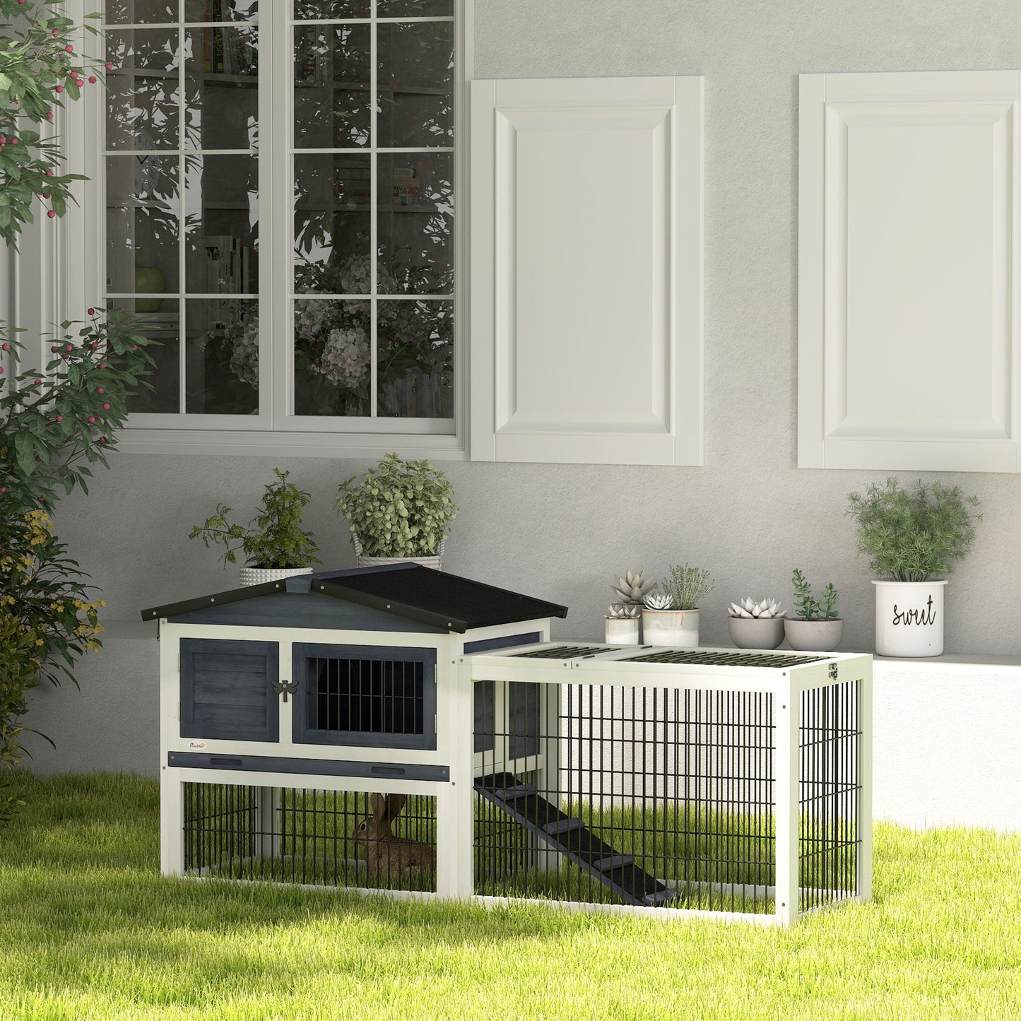 Outdoor Rabbit Hutch 2-Level 59 Inch with Openable Top Dark Gray
