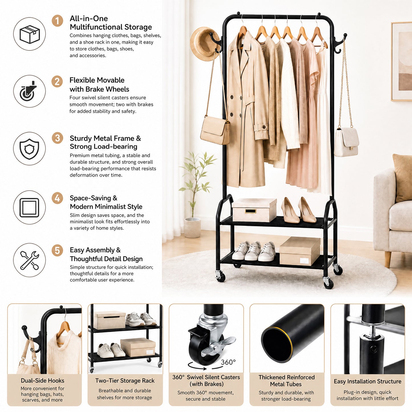 Rolling Clothes Rack with 2 Tier Shelves - Black