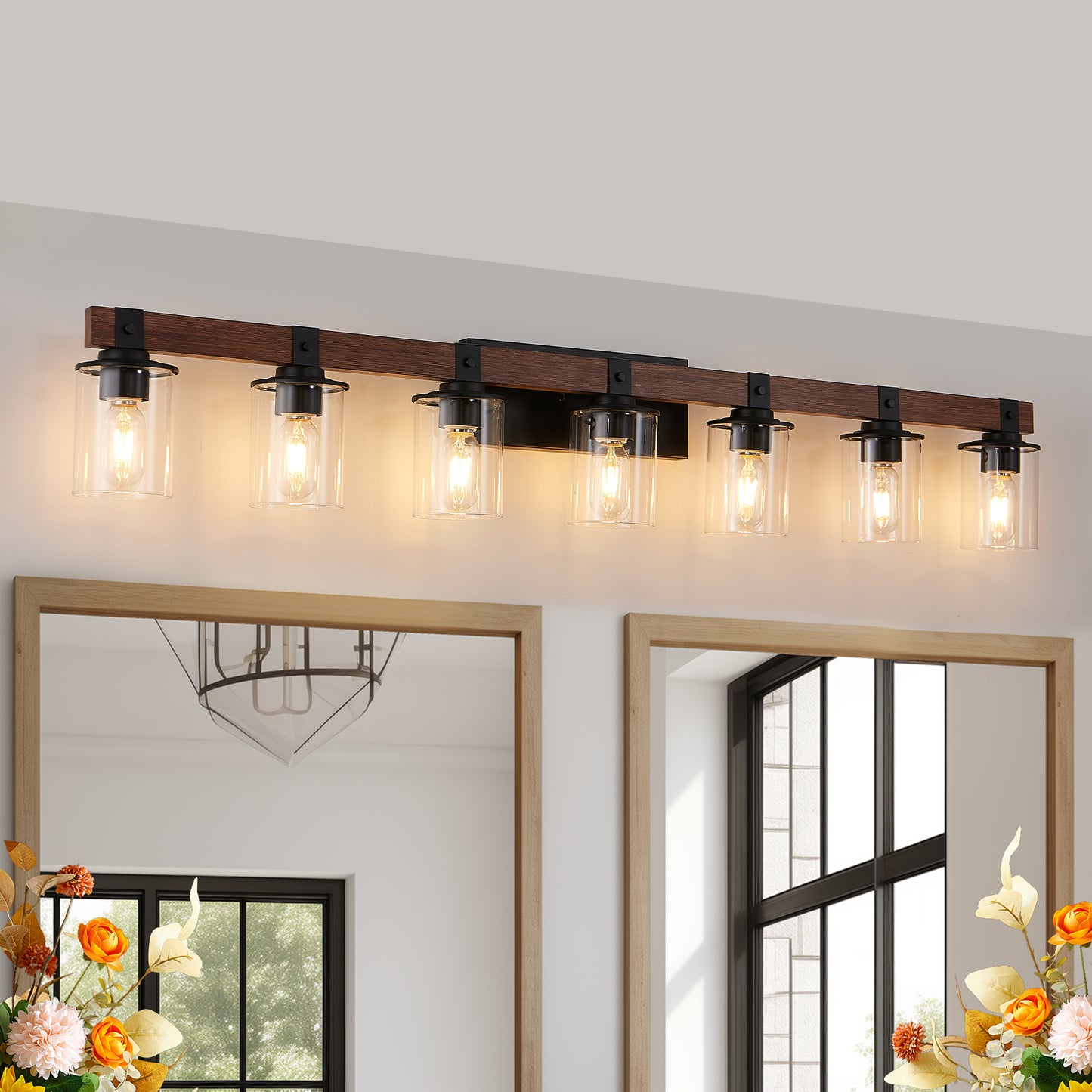 50in Rustic 7-Light Bathroom Vanity Wall Sconce - Farmhouse Industrial Lighting