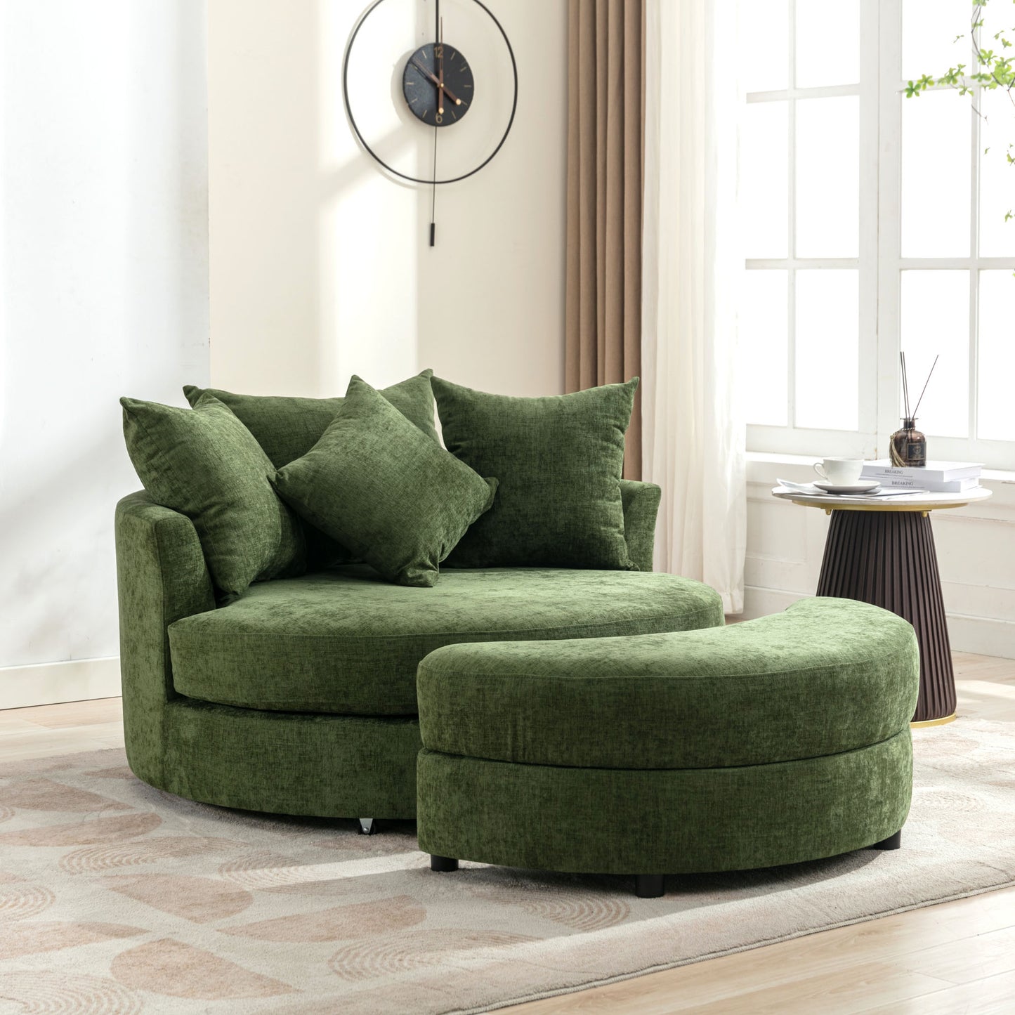 360° Swivel Accent Barrel Chair with Storage Ottoman & 4 Pillows - Green