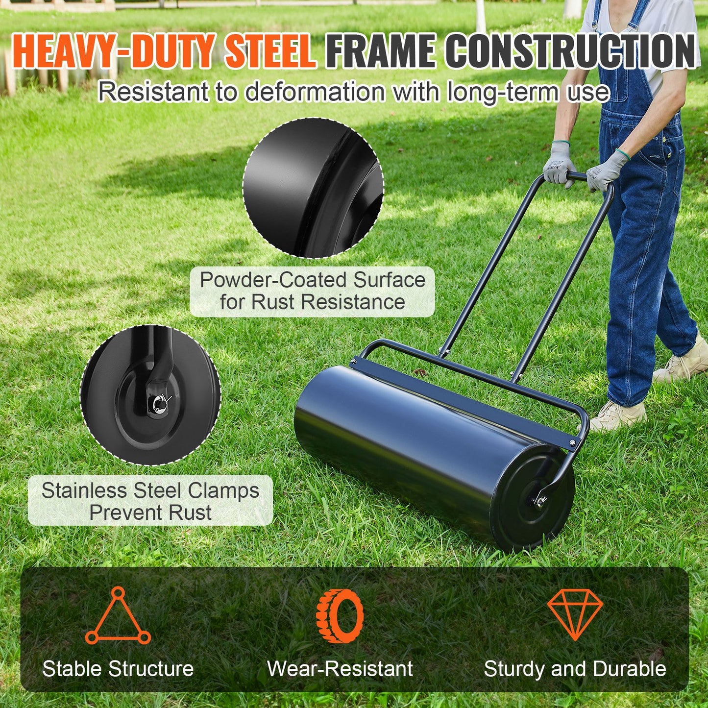Heavy-Duty Lawn Roller 17 Gallon Steel Water & Sand Filled Garden Tool Black