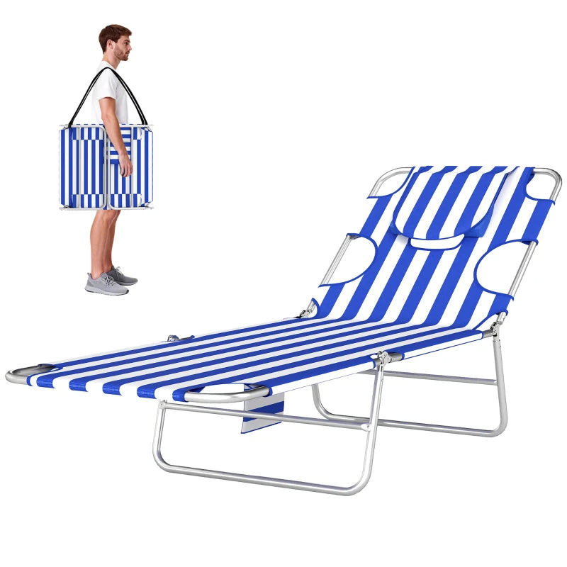Adjustable Outdoor Chaise Lounge Chair with Face Hole - Blue Stripes