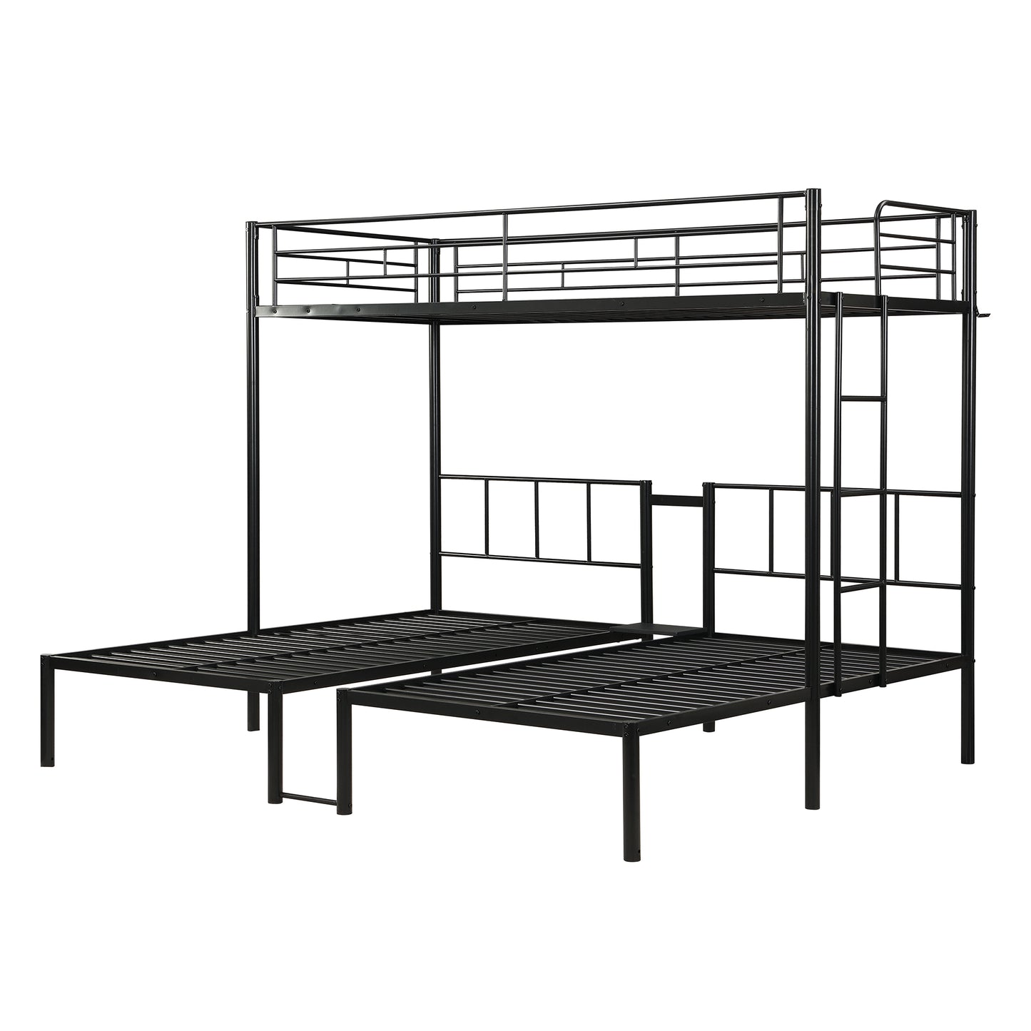 Triple Bunk Bed - Twin Over Twin Metal Frame with Safety Rail - Black
