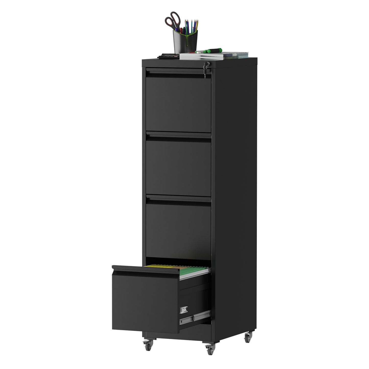 4 Drawer Metal Locking Vertical File Cabinet On Wheels -Heavy-Duty