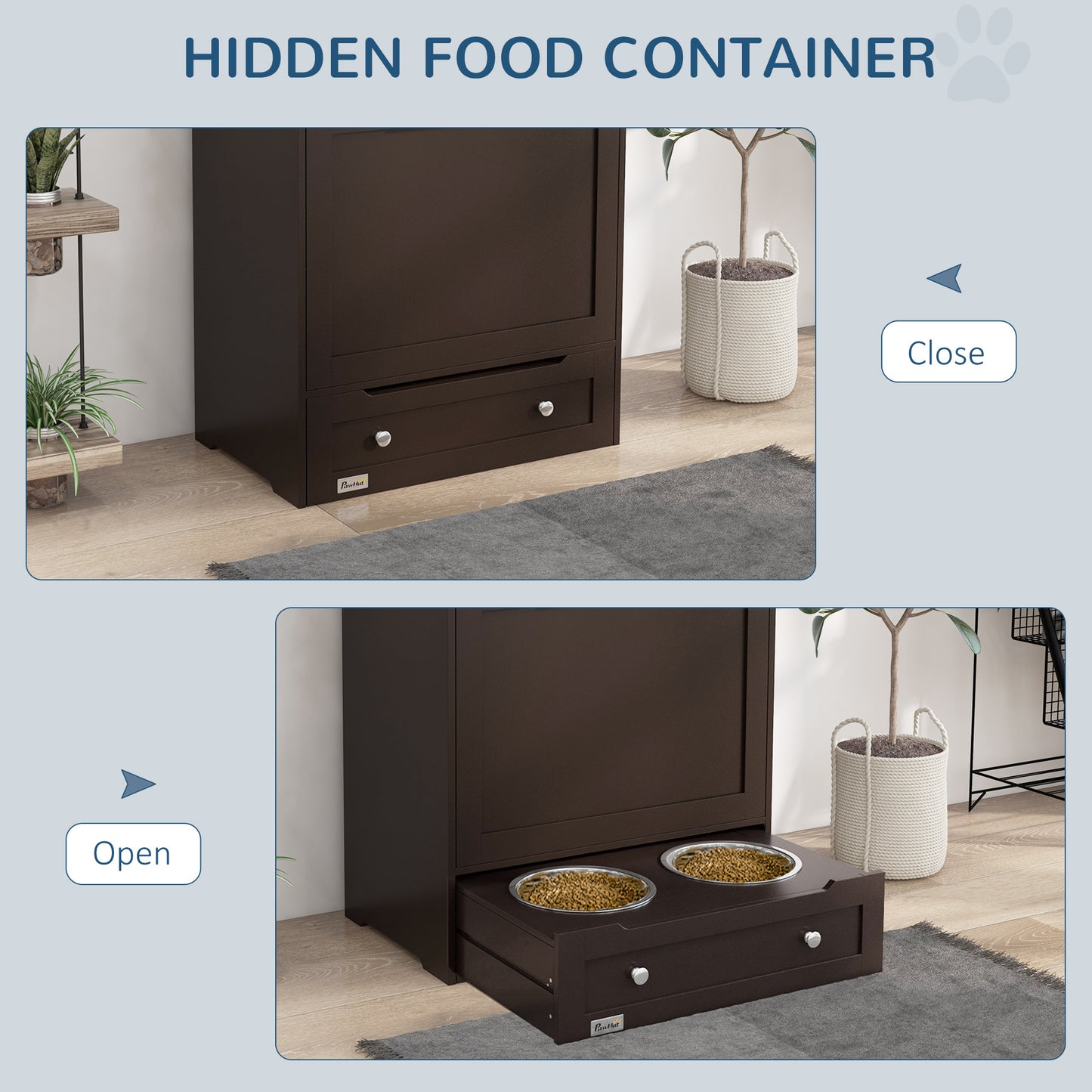 Dog Food Storage Cabinet with Raised Bowls and Storage Shelf - Gray