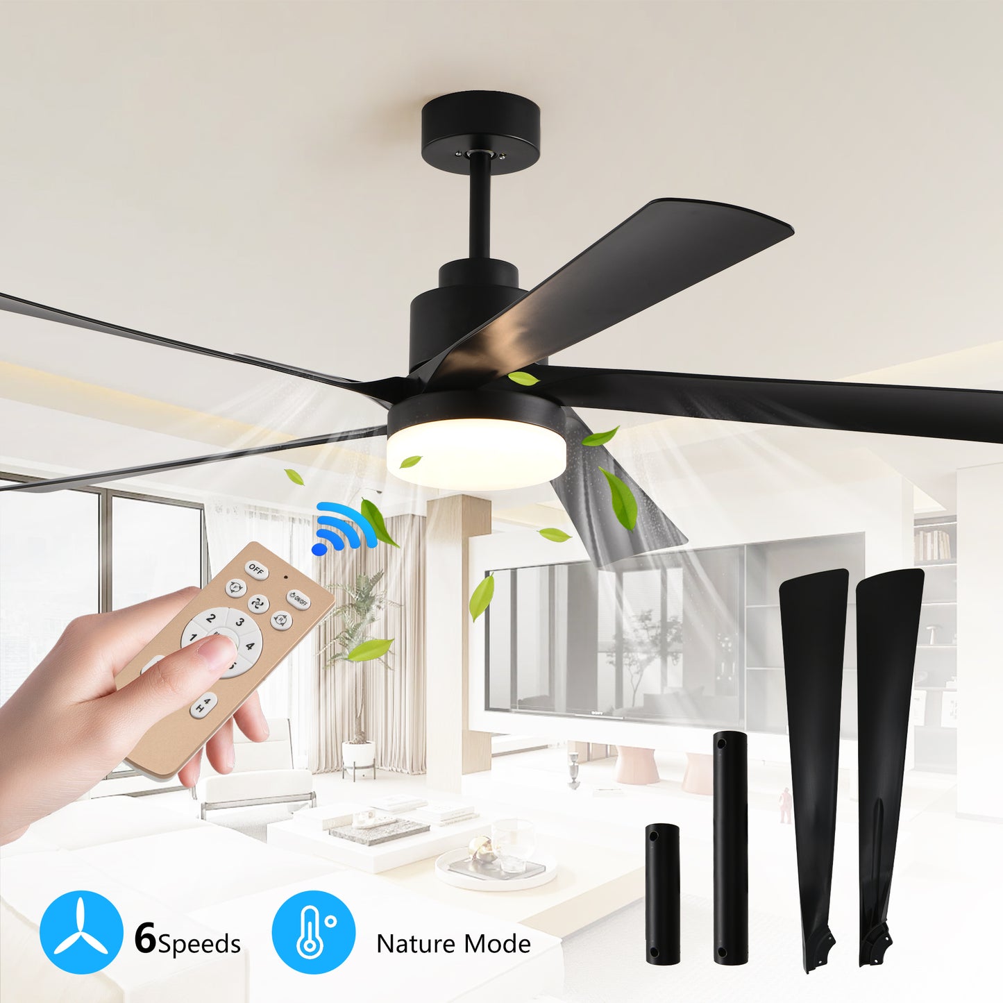 65 Inch Black Ceiling Fan with Dimmable LED Light & Remote Control