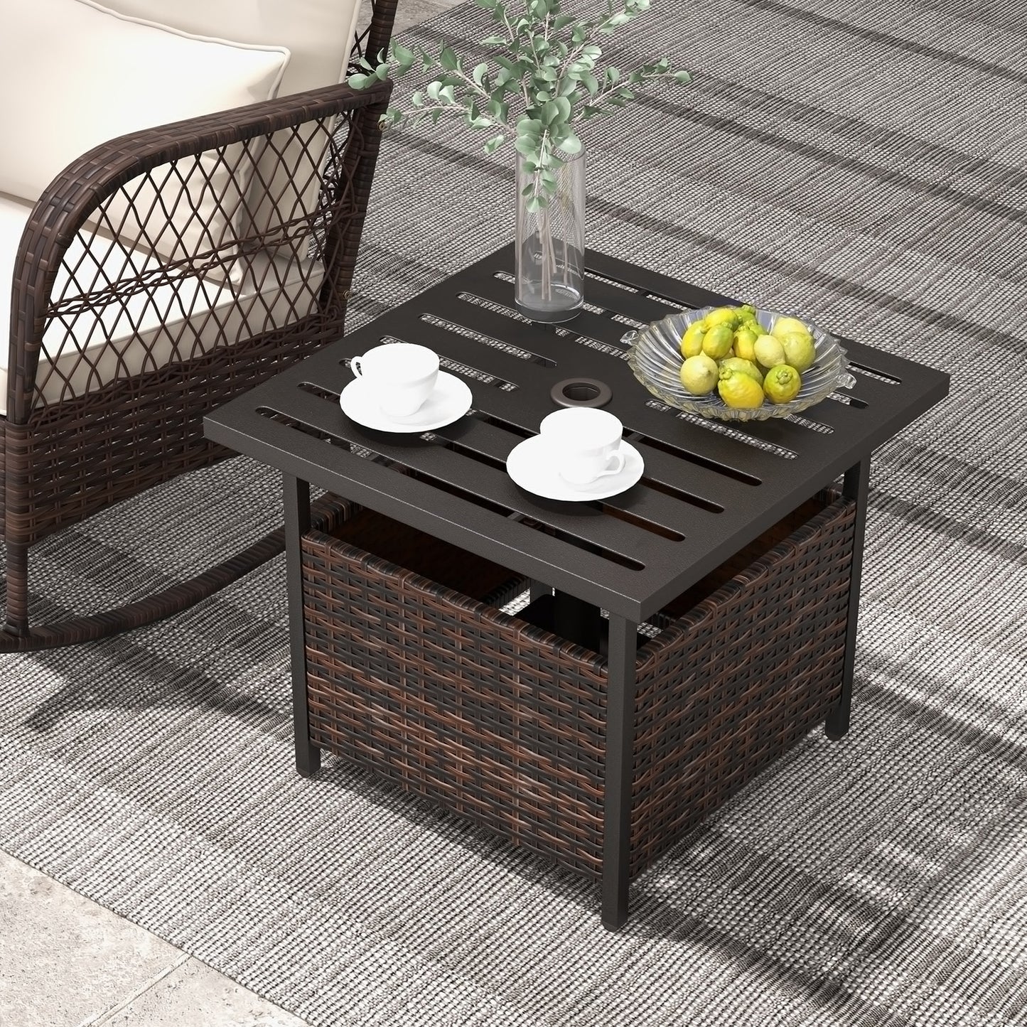 Outdoor Rattan Wicker Side Table with Steel Frame - Brown