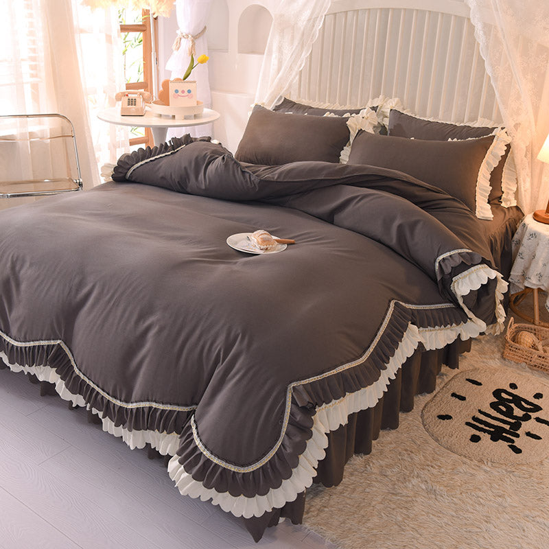 Luxury Four-Piece Lotus Leaf Lace Bed Sheet Duvet Cover Set with Bed Skirt