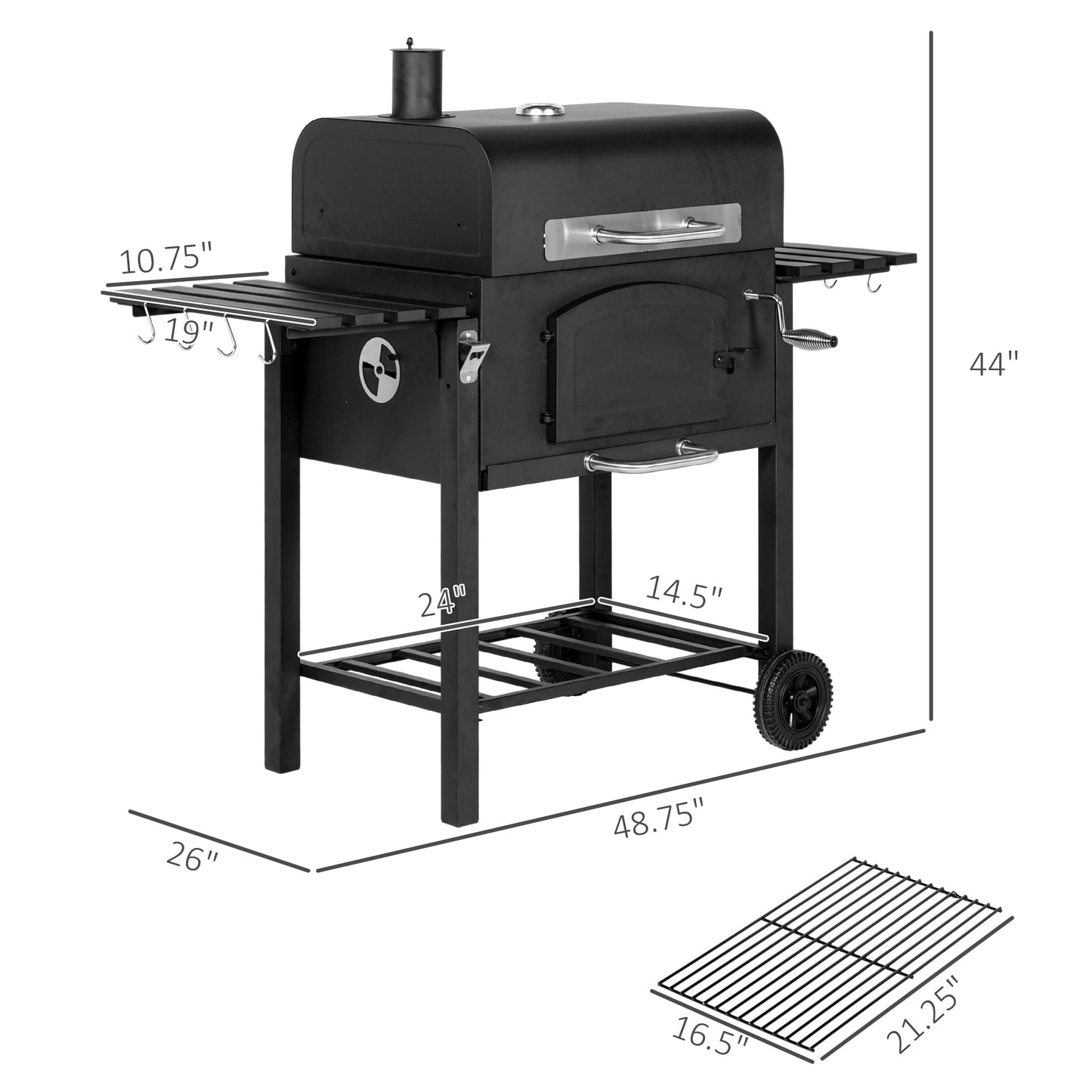 Charcoal BBQ Grill with Adjustable Height and Folding Shelves