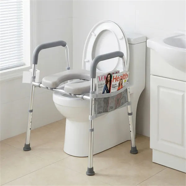 Adjustable Raised Toilet Seat with Armrests & Storage Pouch - 300LBS Capacity