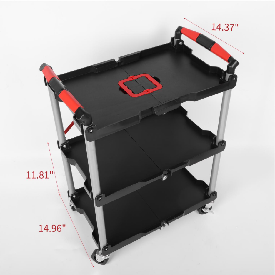 Heavy Duty Foldable Utility Service Cart with 3 Shelves, Swivel Wheels & Handle