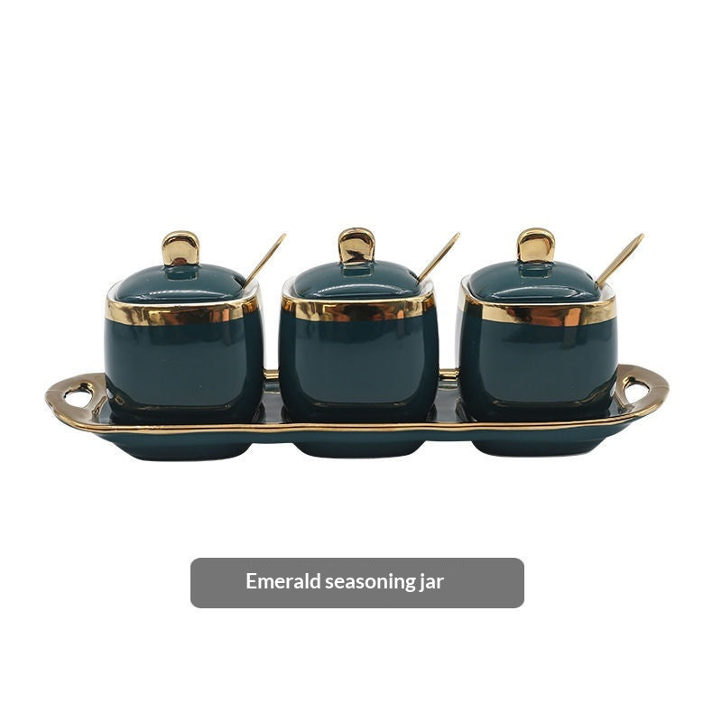 Ceramic Salt & Sauce Pot Set - Seasoning Jar for Kitchen, Oil & Vinegar Dispenser