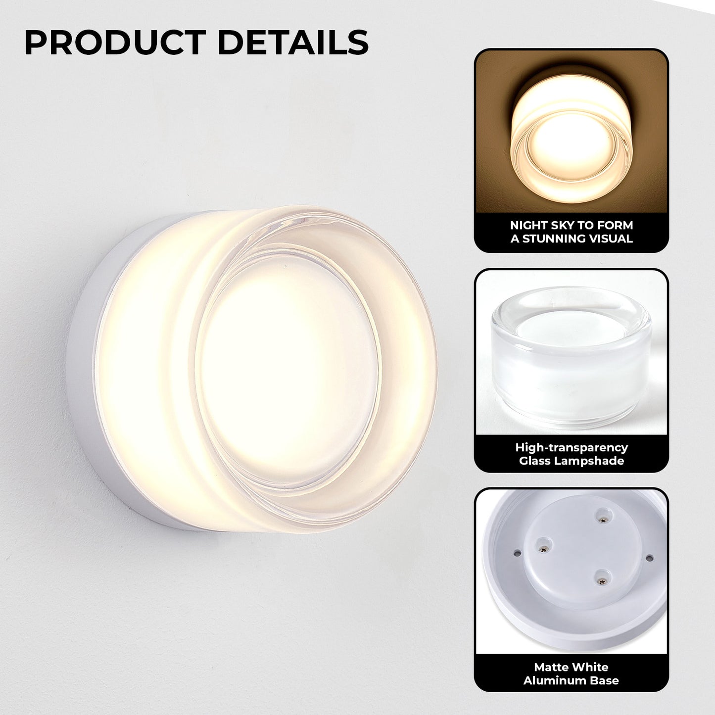 White LED Wall Sconce - Indoor Outdoor Round Glass Light for Living Room Bathroom Porch