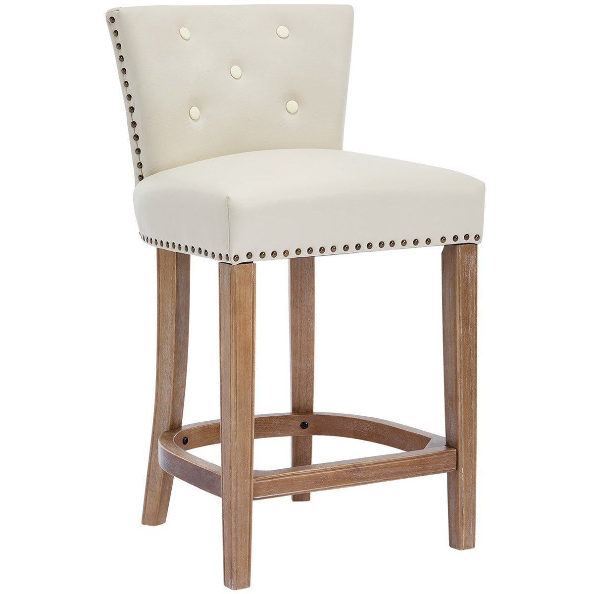 Beige Leather Bar Stools - Fixed Height Dining Chairs (2pc)