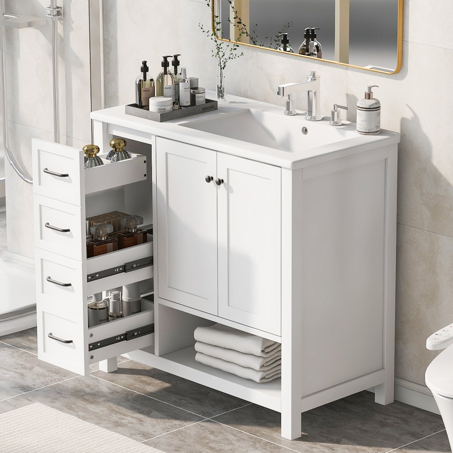 36" Bathroom Vanity with Sink Top - Solid Wood, White