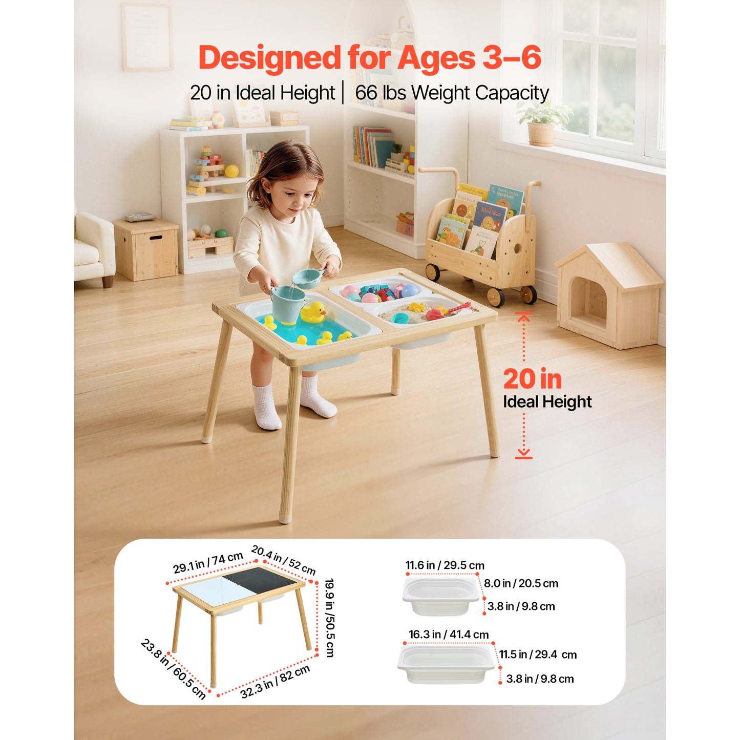 Wooden Toddler Sensory Table with Reversible Board, Storage Bins & Non-Slip Feet