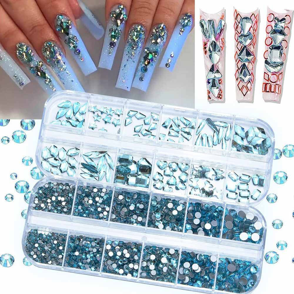 12-Grid Crystal Nail Art Decoration Set - Water Drop & Heart Shapes