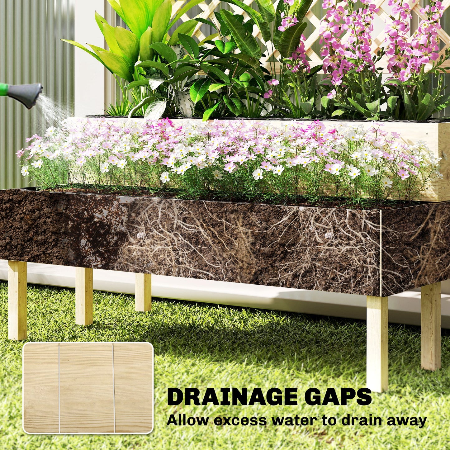 Raised Garden Bed with Trellis - 2-Tier Elevated Planter Box for Climbing Plants - Natural Wood Finish, 1200x370x200 mm
