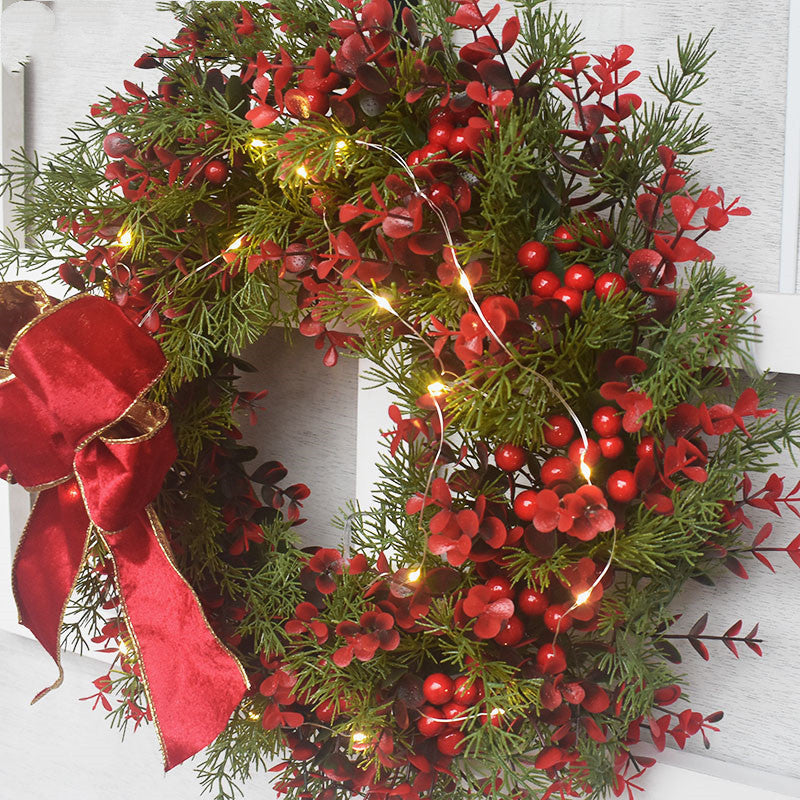 Red Christmas Wreath with Lights - Artificial Cherry Pattern Wall Hanging Garland