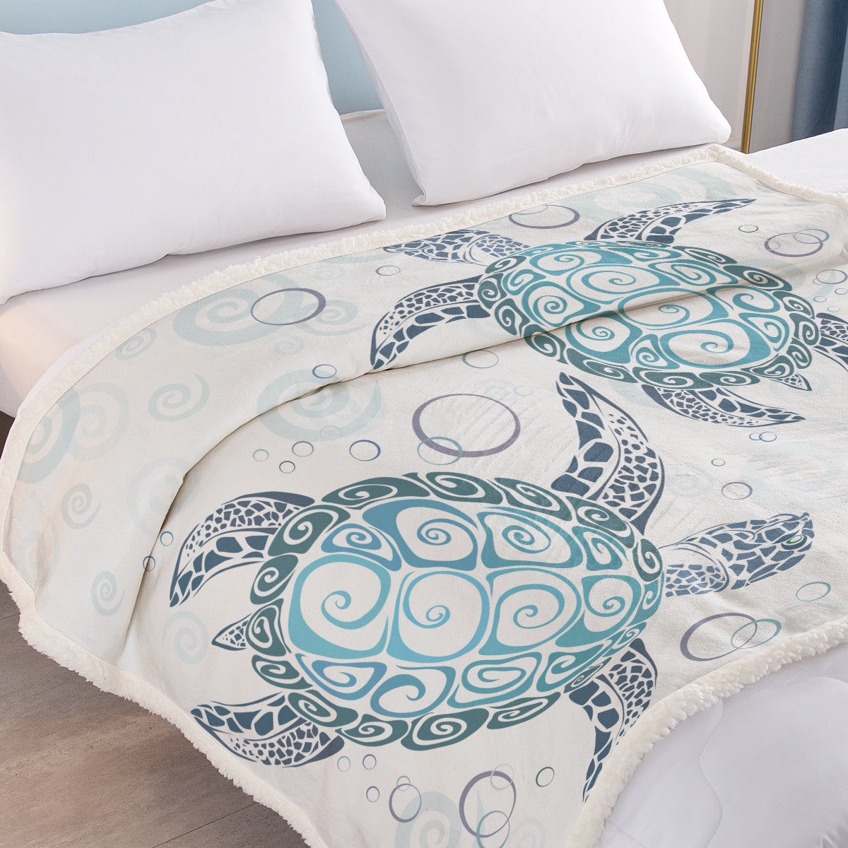 Sea Turtle Sherpa Fleece Throw Blanket - Aqua Teal Blue Ocean Plush Bed Cover