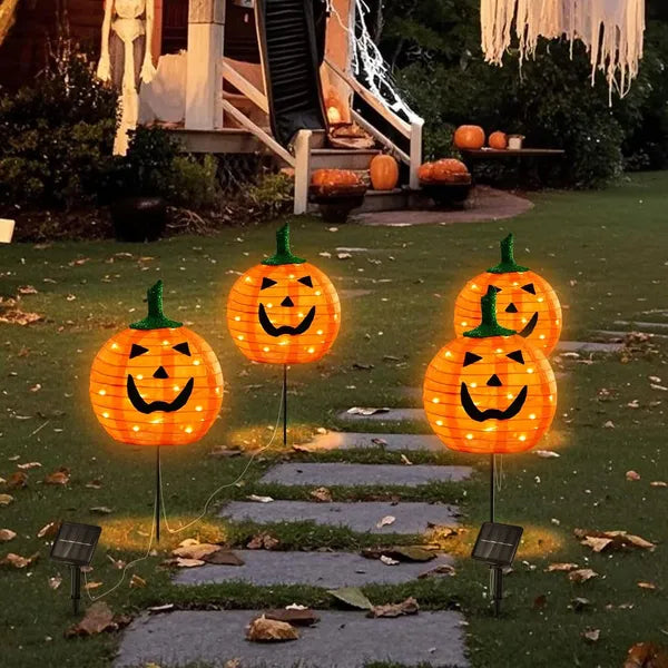 Solar Pumpkin LED Stake Lights - Set of 4 for Halloween Decoration