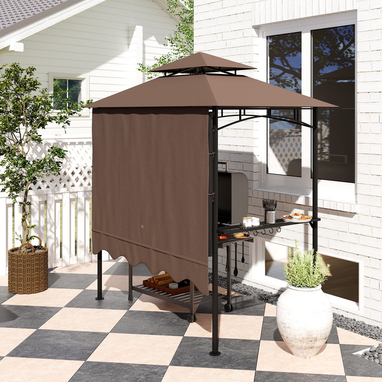 Outdoor Grill Gazebo with Side Shelves & Hooks - Brown